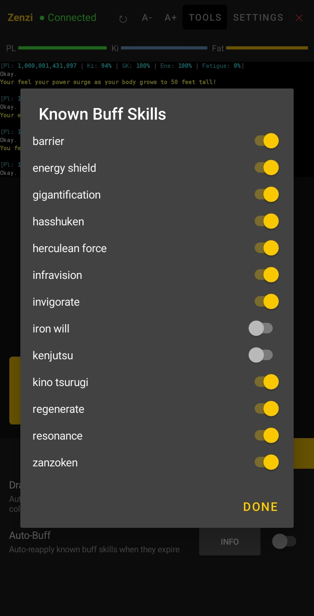 Auto-Buff feature showing active buffs and per-skill toggles