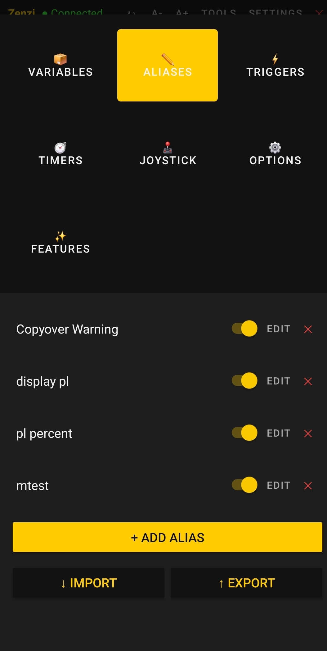 Export button visible in Aliases tab