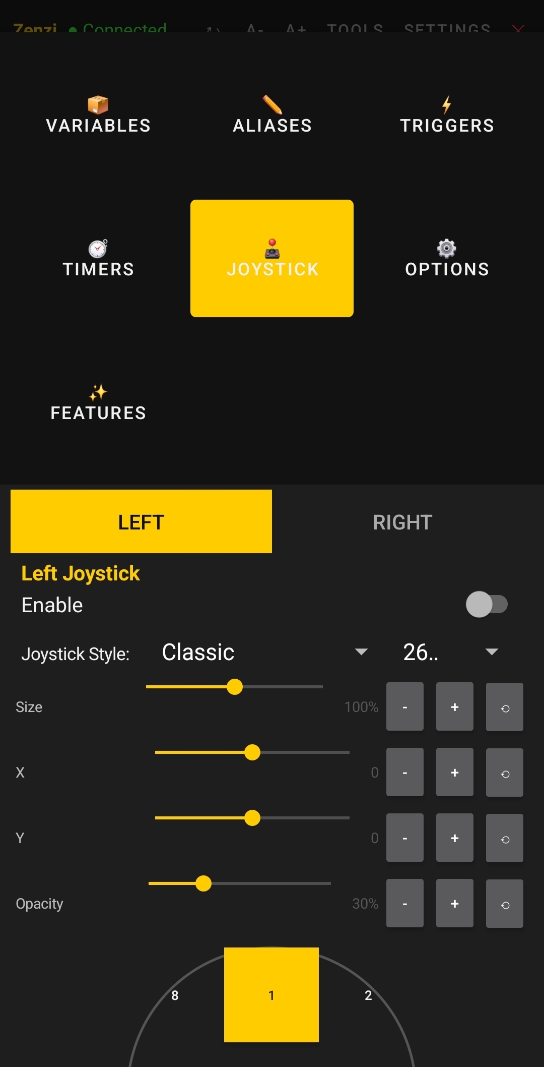 Joystick configuration menu