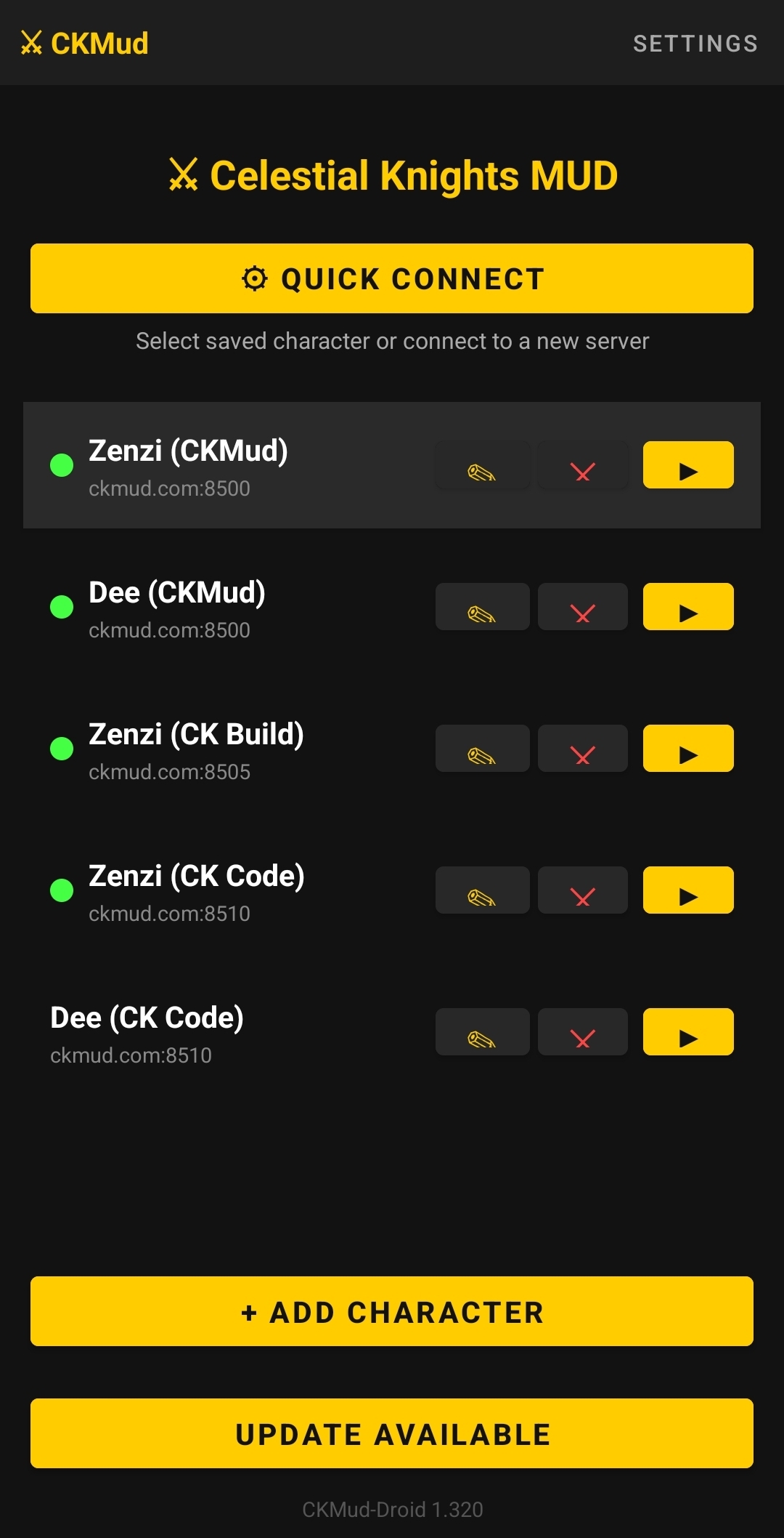 Character selection screen showing update available dialog