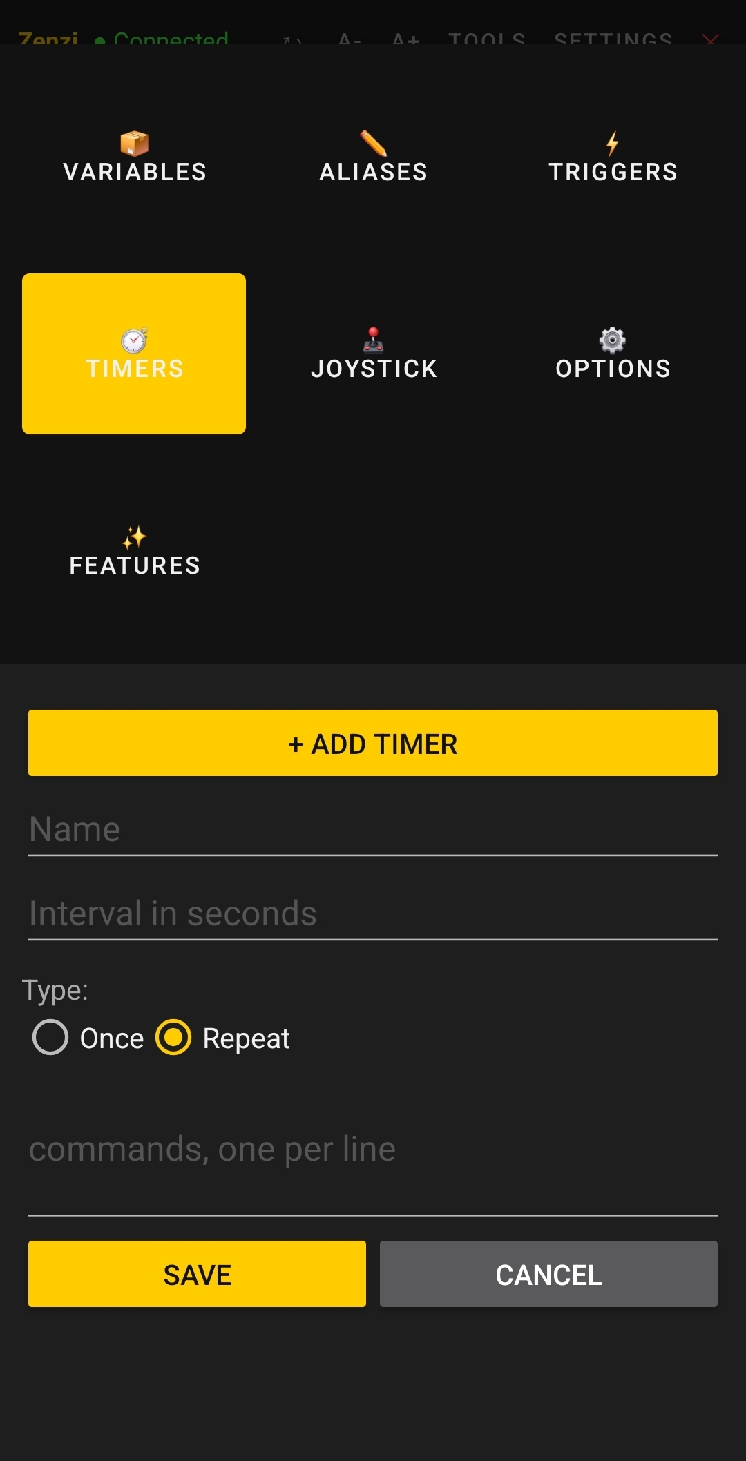 Timers tab showing create form